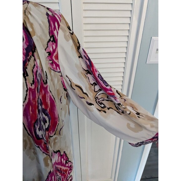 Chicos Blouse Women's L (2) Floral Boho Chic Tunic Top Flowy Flounce Satiny Pink - Picture 5 of 11